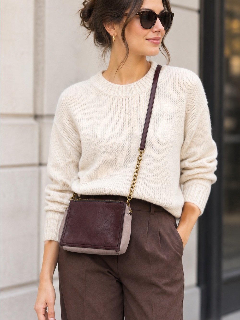 Fossil Leather Crossbody Bag Burgundy Triple Zip Gold Hardware